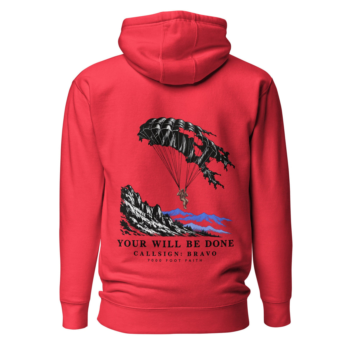Team Red DESCENT faith hoodie, back view showing parachute and mountain artwork with Your Will Be Done lettering