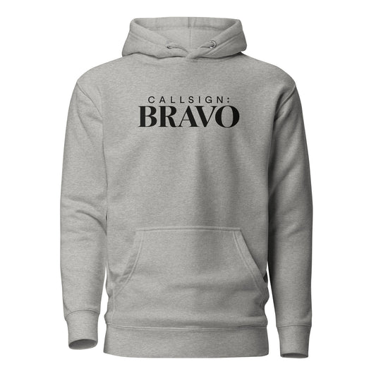Carbon Grey God Is Good CALLSIGN: BRAVO hoodie — front mockup with chest wordmark