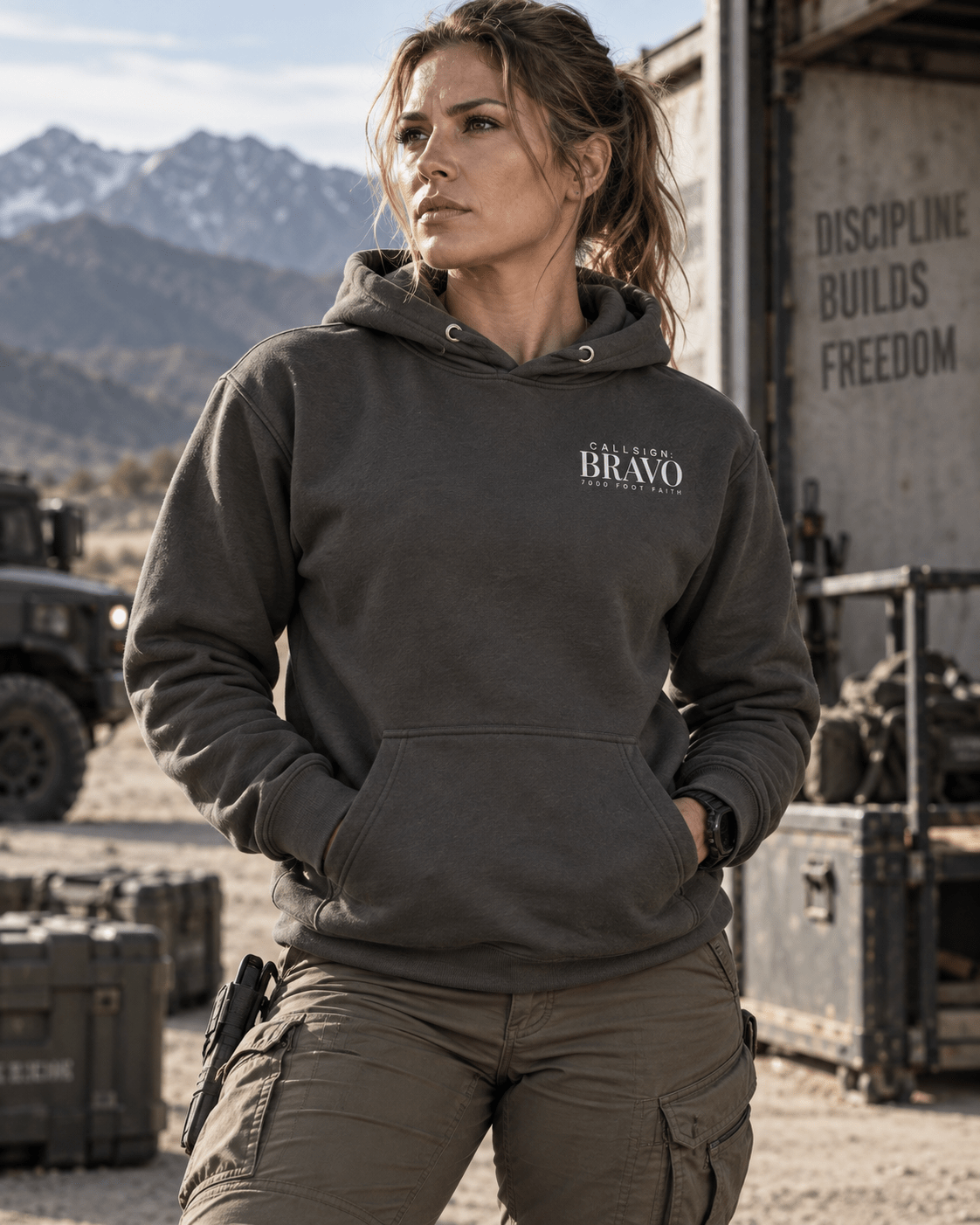 Vintage Black The Approach Silver CALLSIGN: BRAVO hoodie — female model, front view
