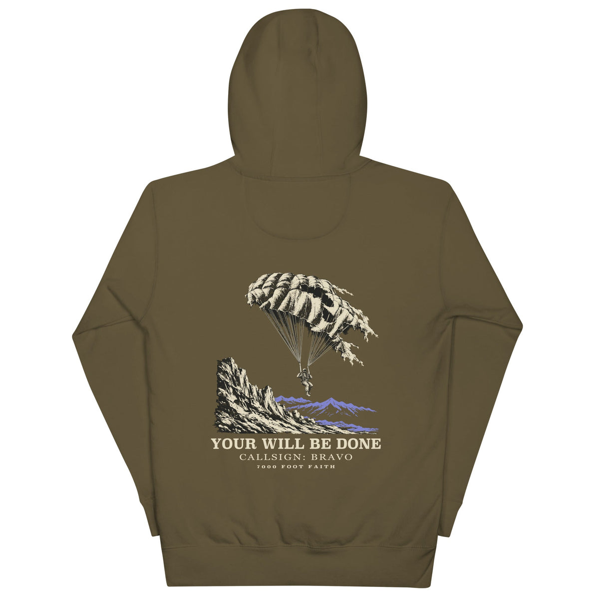 Military Green DESCENT faith hoodie, back view showing parachute and mountain artwork with Your Will Be Done lettering