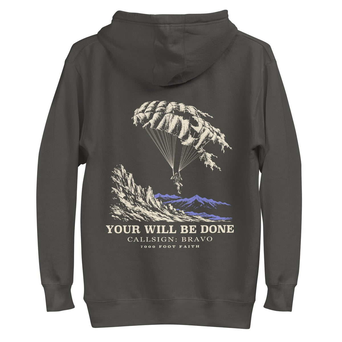 Vintage Black DESCENT faith hoodie, back view showing parachute and mountain artwork with Your Will Be Done lettering