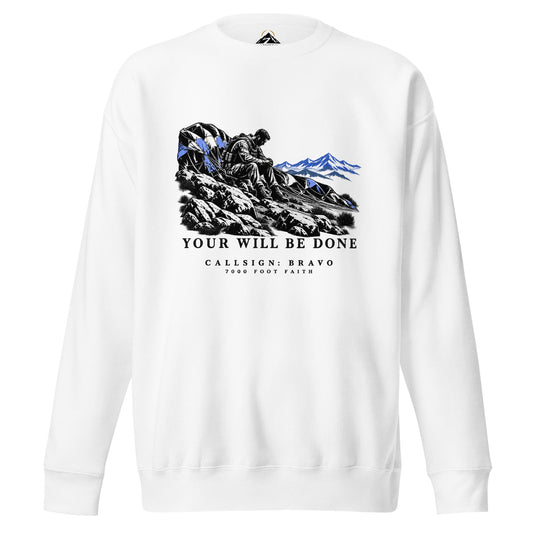 White Your Will Be Done: The Aftermath CALLSIGN: BRAVO crewneck — angled front mockup with seated figure and fallen parachute artwork