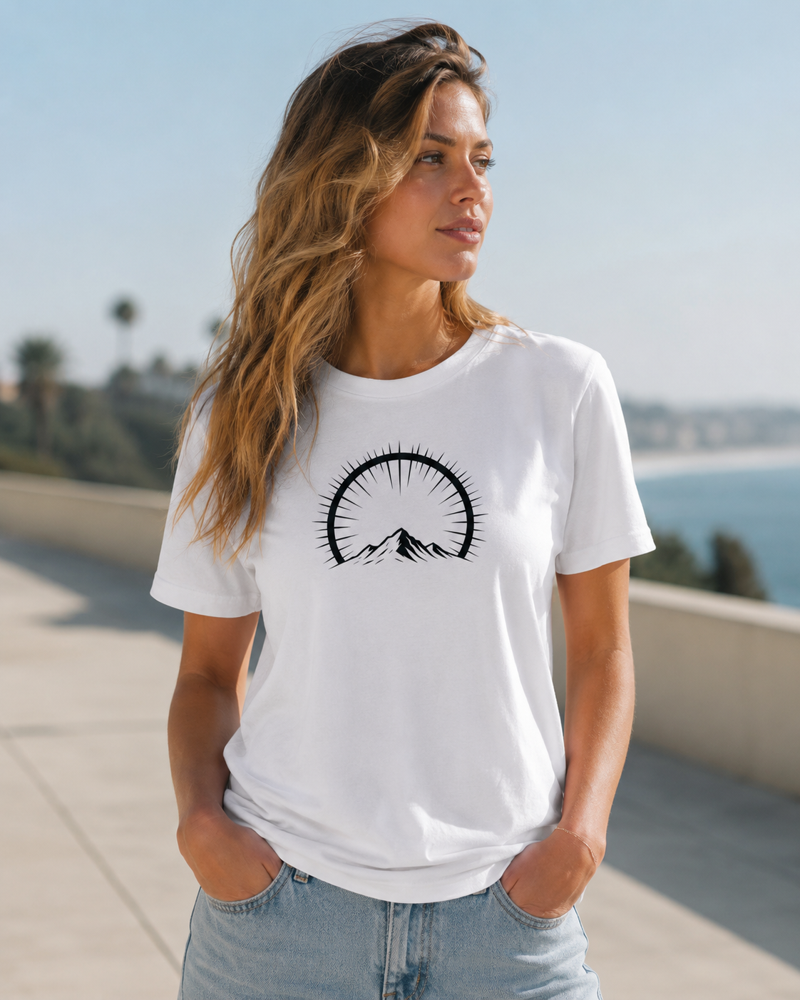 Woman wearing a white Elevation Tee outdoors | Elevation Collection by 7000 Foot Faith