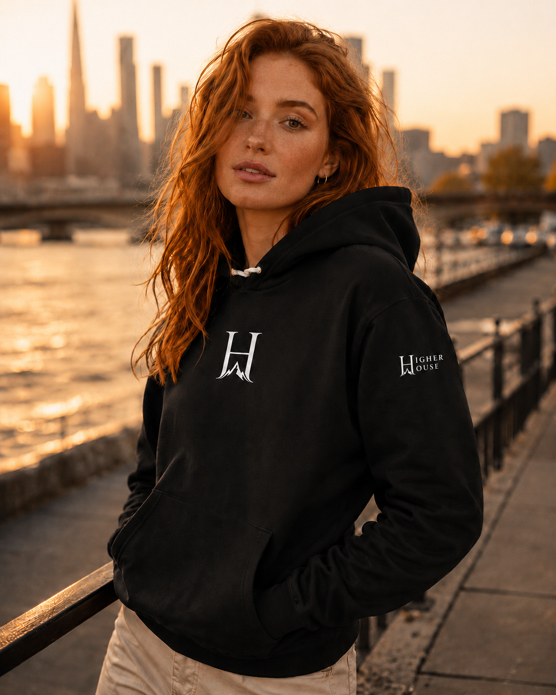 Woman wearing a black Higher House hoodie outdoors | Higher House Collection