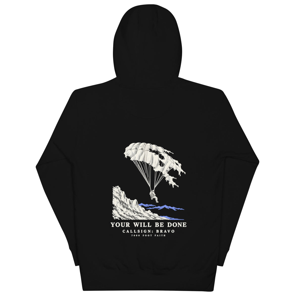 Black Your Will Be Done: Descent CALLSIGN: BRAVO hoodie — back with parachute and mountain artwork