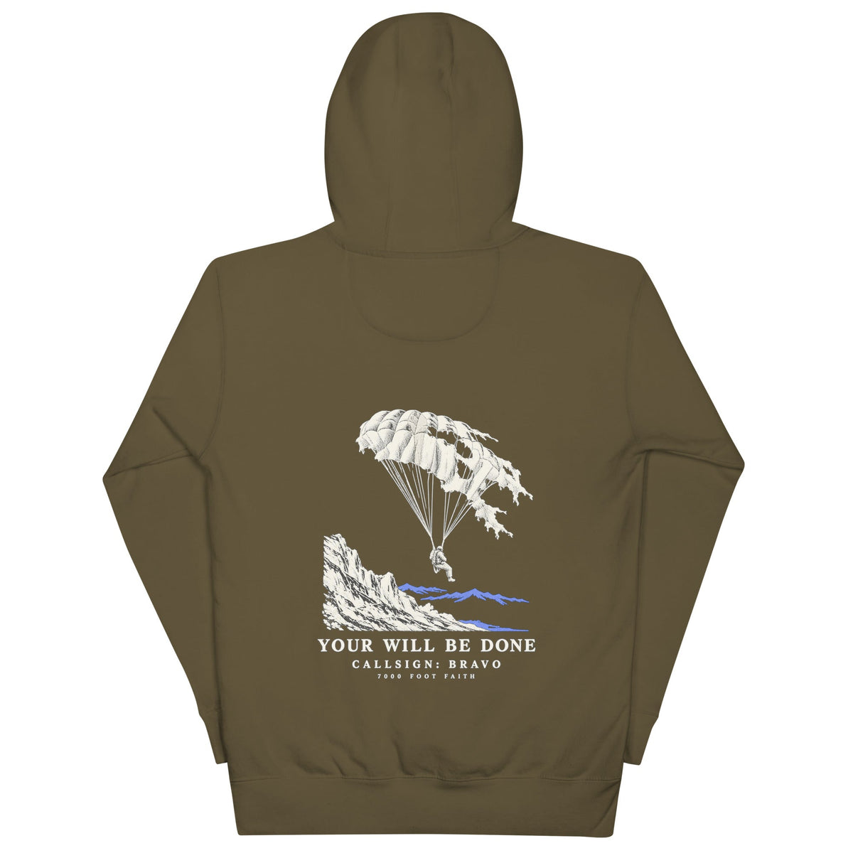 Military Green Your Will Be Done: Descent CALLSIGN: BRAVO hoodie — back with parachute and mountain artwork