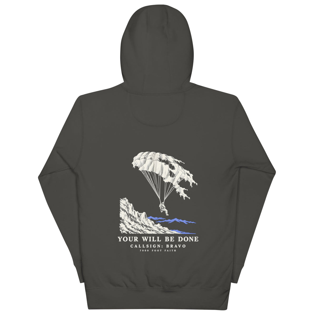 Vintage Black Your Will Be Done: Descent CALLSIGN: BRAVO hoodie — back with parachute and mountain artwork
