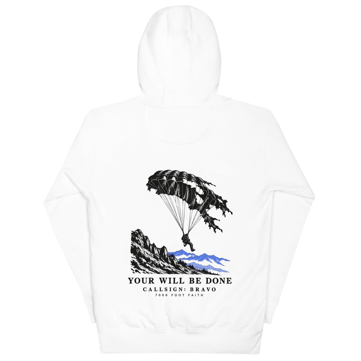 White Your Will Be Done: Descent CALLSIGN: BRAVO hoodie — back with parachute and mountain artwork