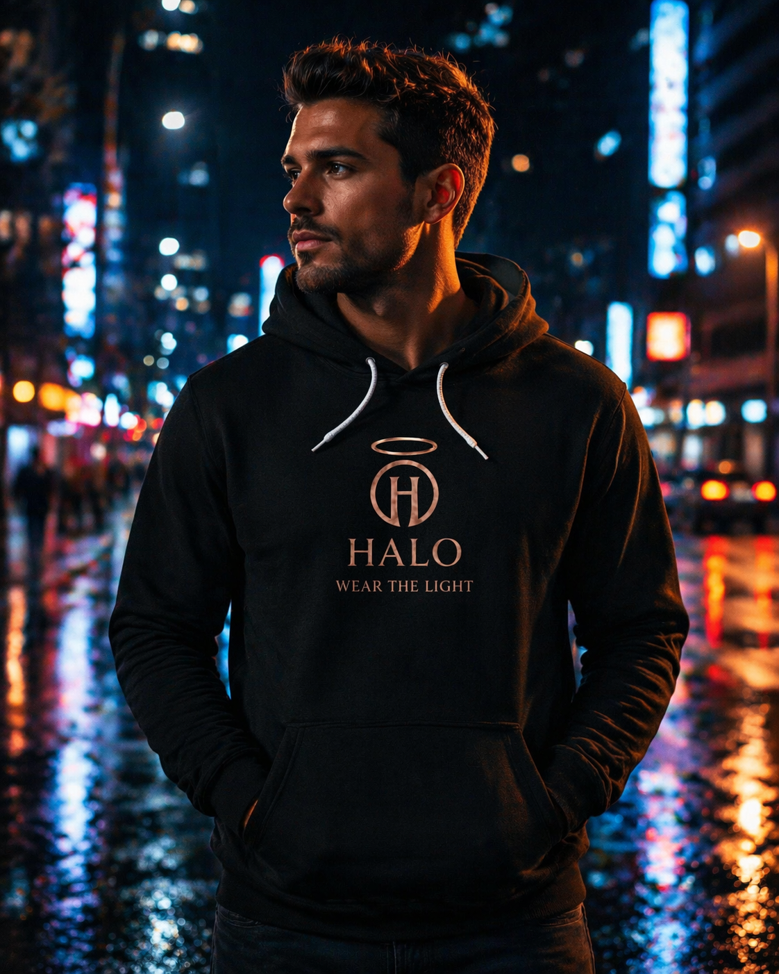 Man wearing a black hoodie with 'HALO' logo in an urban night setting