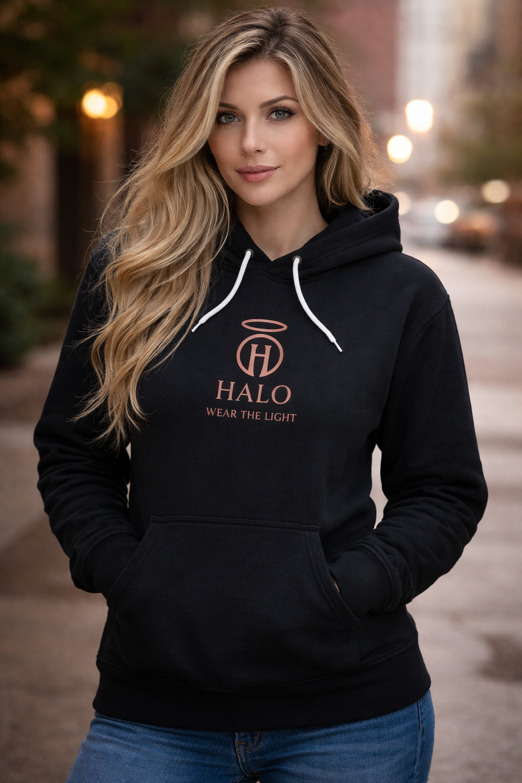 Woman wearing a black hoodie with 'HALO Wear the Light' logo on a city street.