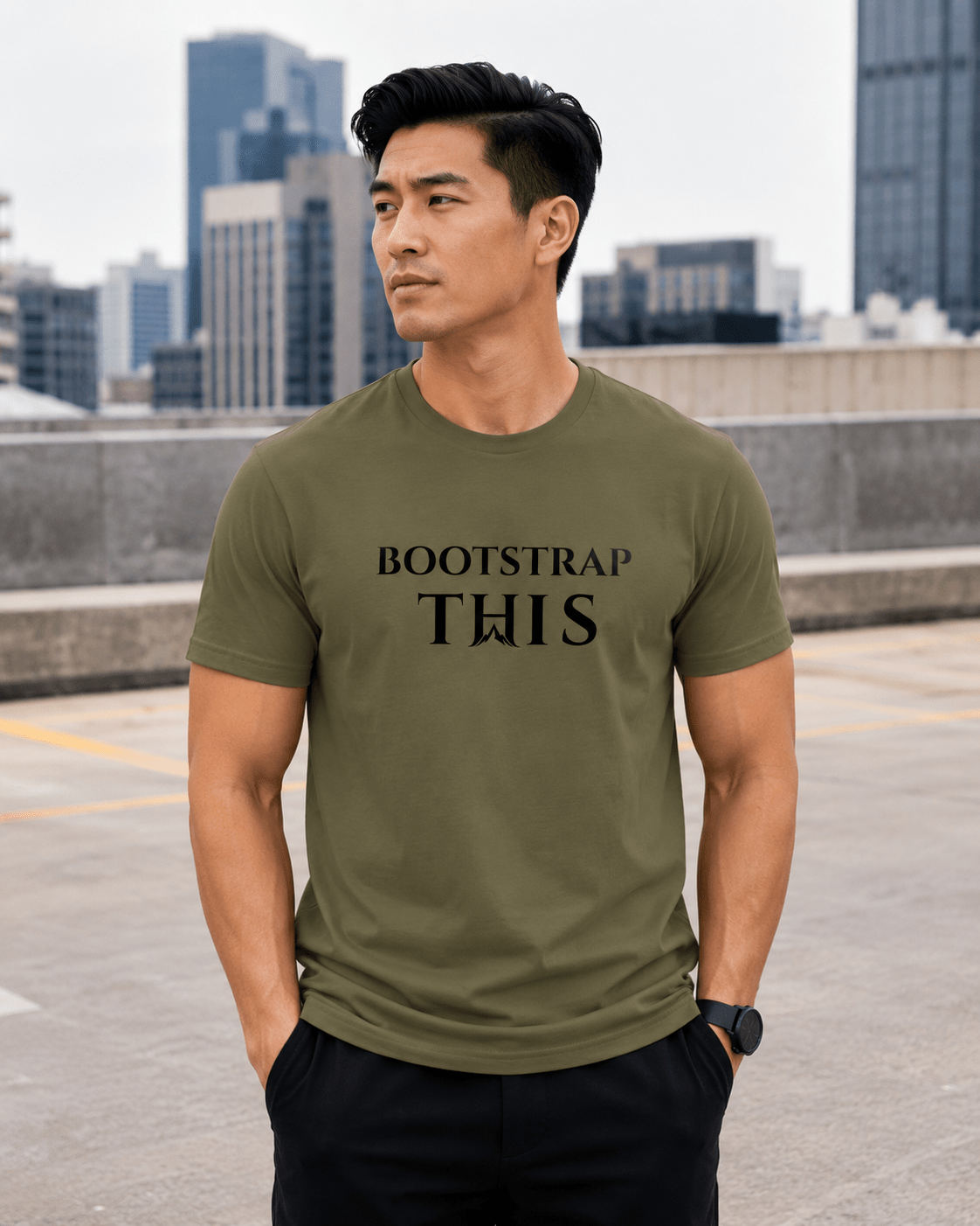 Bootstrap This Men's Tee — Black Edition, model wearing the Army tee in a brick alley.
