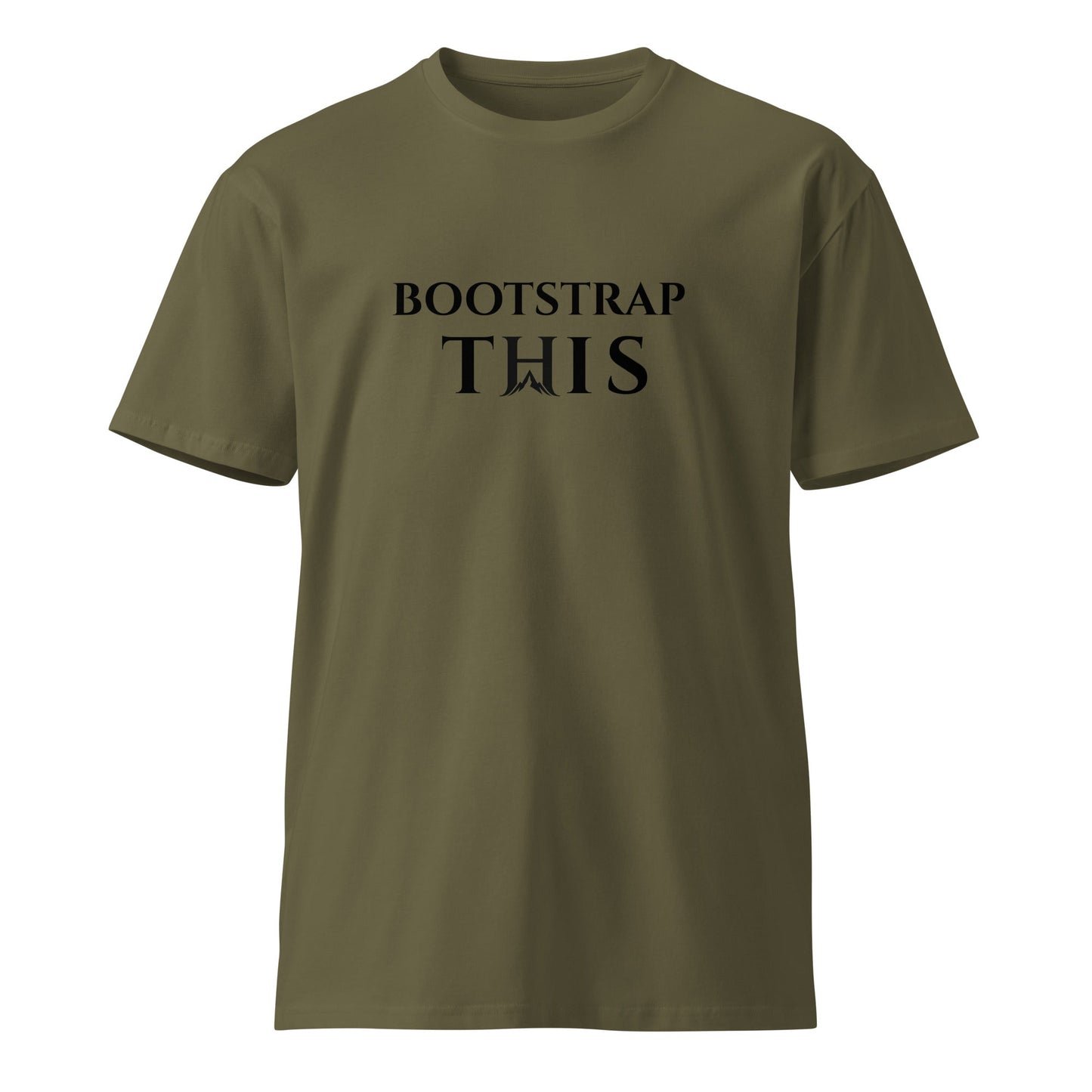 Bootstrap This Men's Tee — Black Edition, model wearing the White tee in a brick alley.