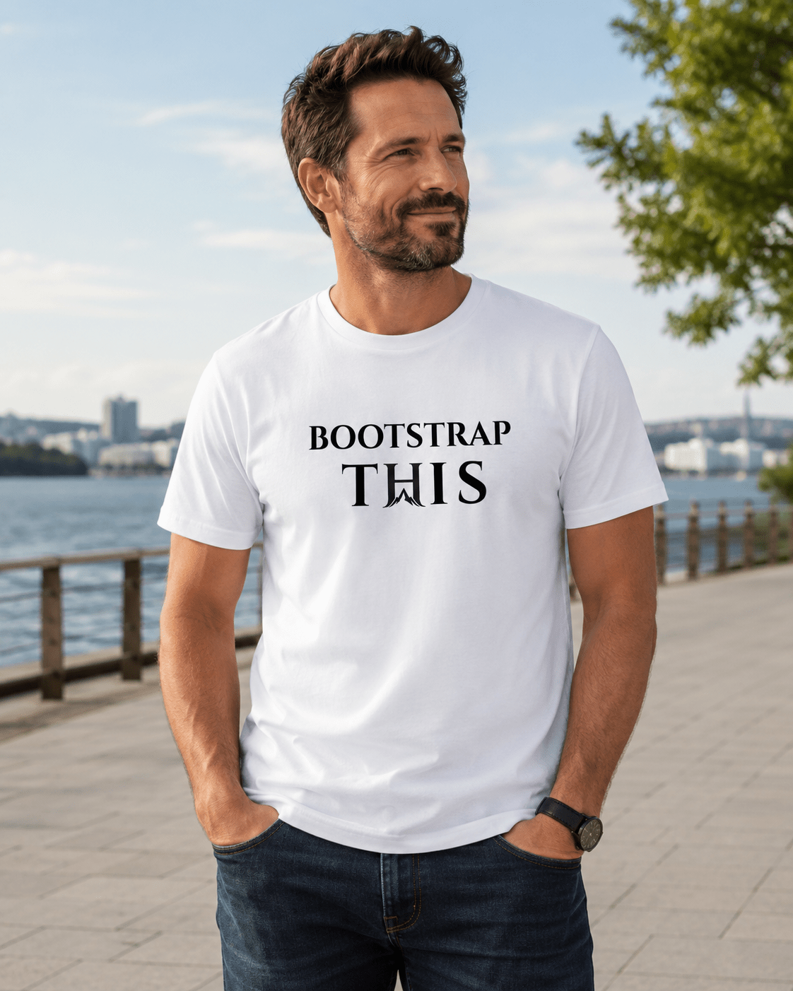 Bootstrap This Men's Tee — Black Edition, White front product view.