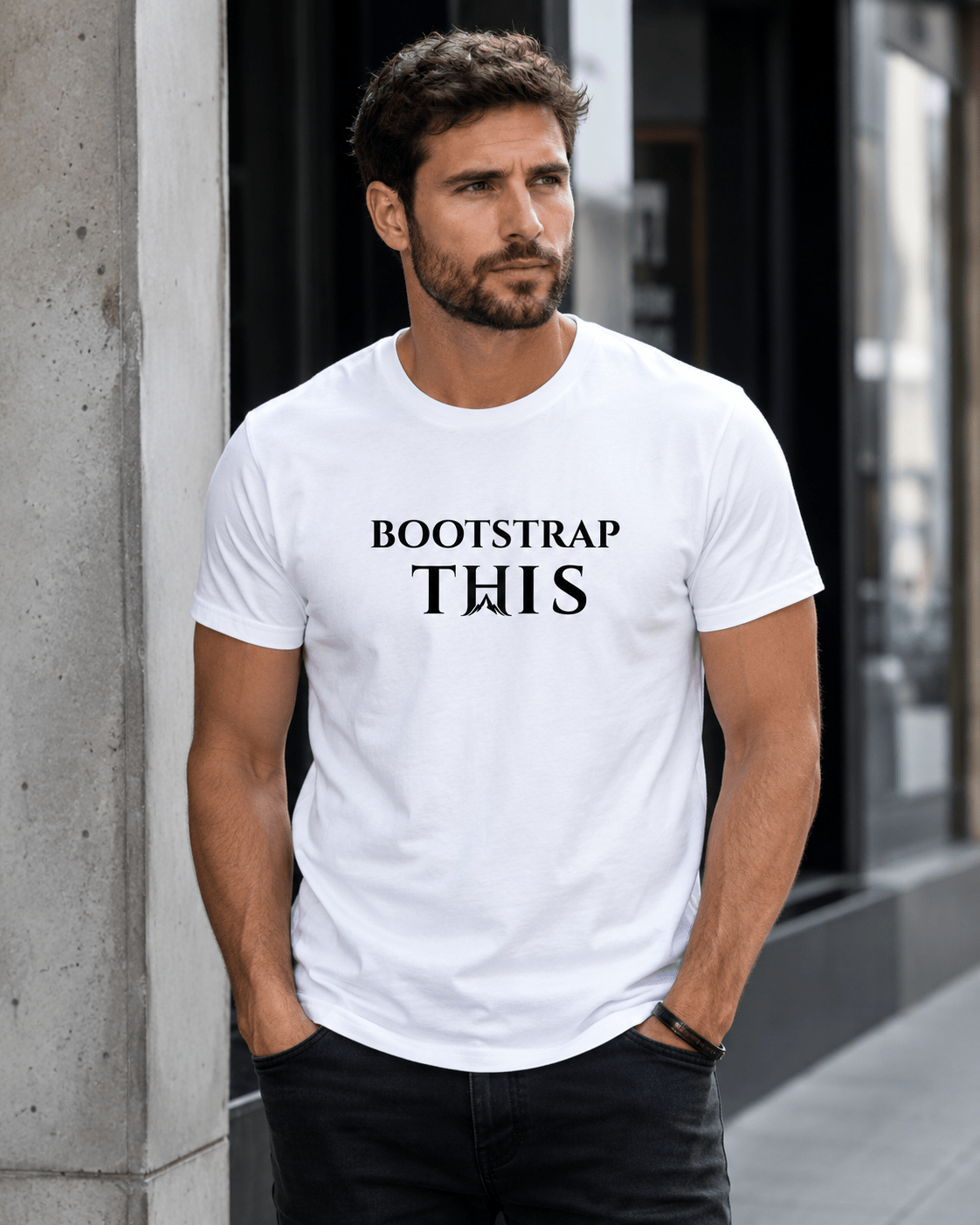 Bootstrap This Men's Tee — Black Edition, model wearing the Army tee on a sidewalk.