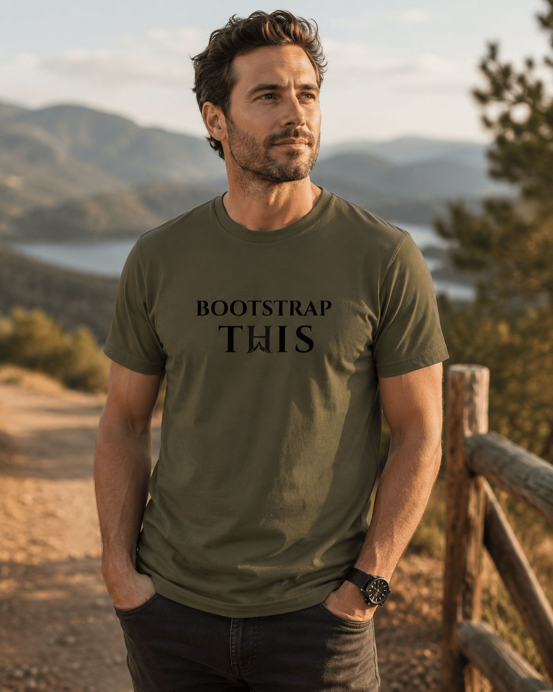 Bootstrap This Men's Tee — Black Edition, model wearing the Army tee on a city rooftop.