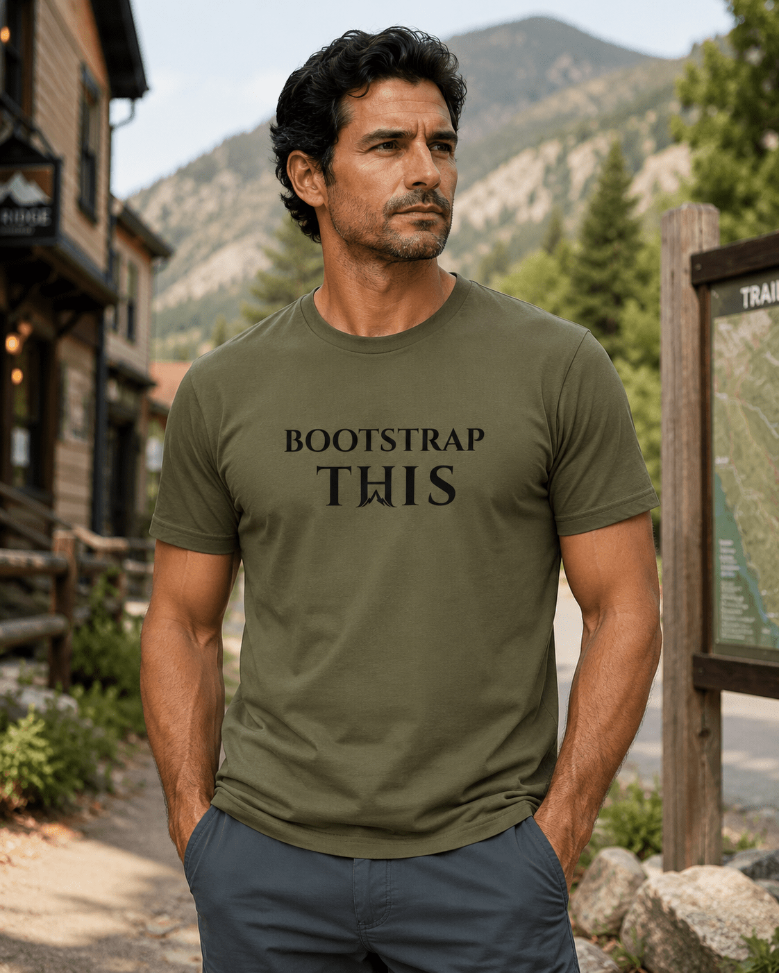 Bootstrap This Men's Tee — Black Edition, model wearing the White tee near a mountain lodge.