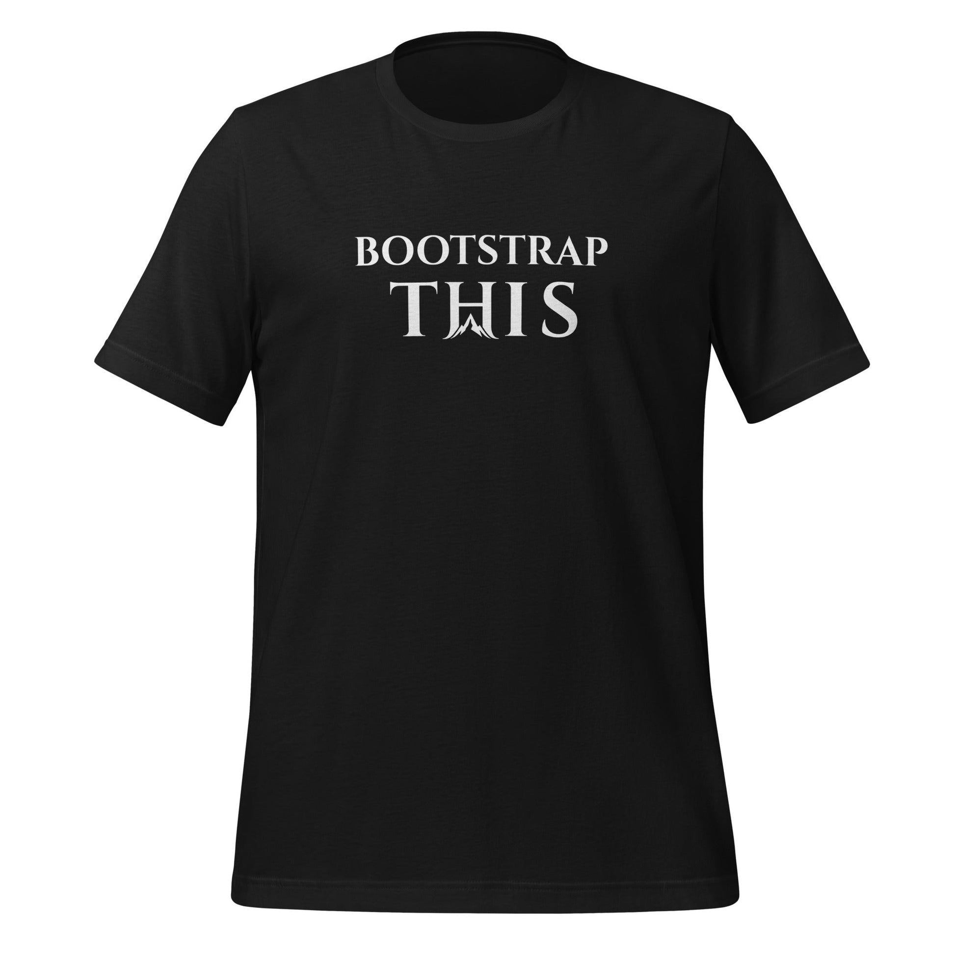 Bootstrap This Men's Tee — White Edition, model wearing the Heather Midnight Navy tee by a brick building.