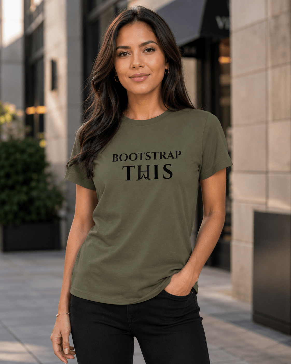 Bootstrap This Women's Relaxed Tee, model wearing the Heather Stone relaxed tee outdoors.