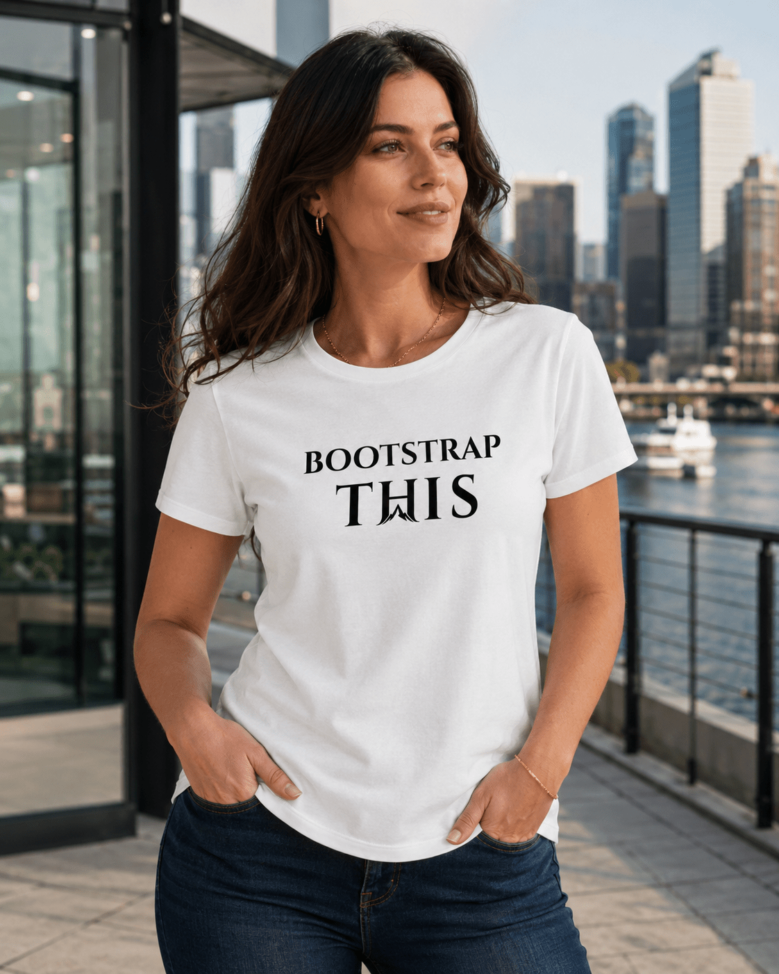 Woman wearing the White Bootstrap This Women’s Relaxed Tee with black artwork on a waterfront terrace