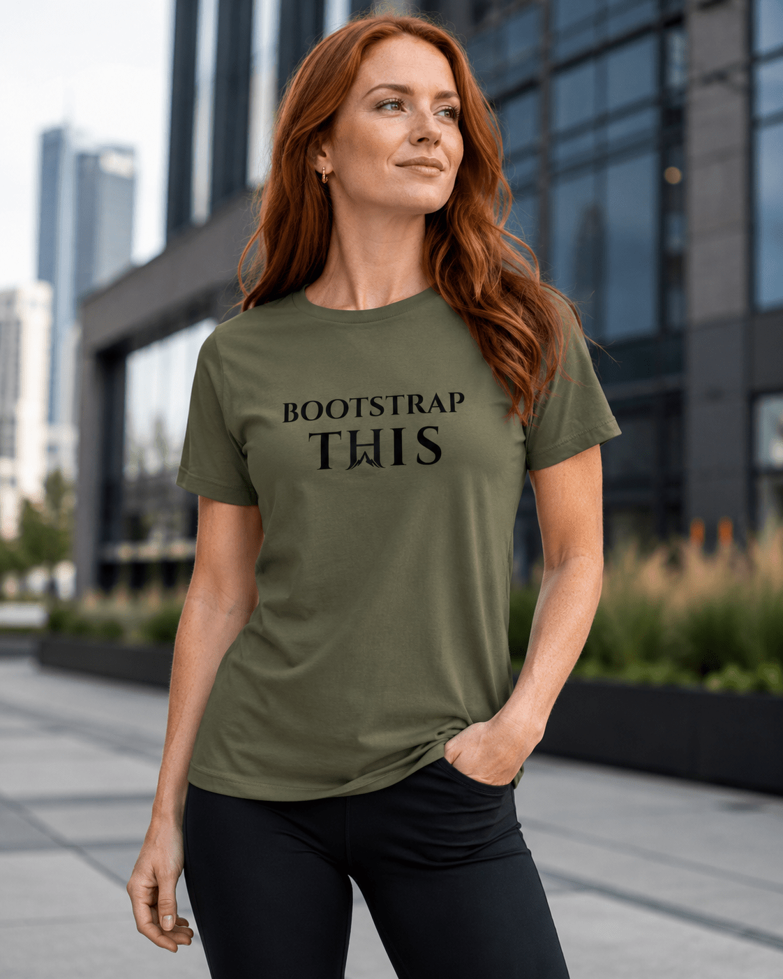 Bootstrap This Women's Relaxed Tee, model wearing the White relaxed tee outdoors.
