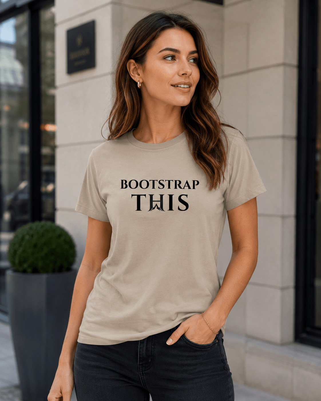 Bootstrap This Women's Relaxed Tee, model wearing the Heather Stone relaxed tee in an urban setting.