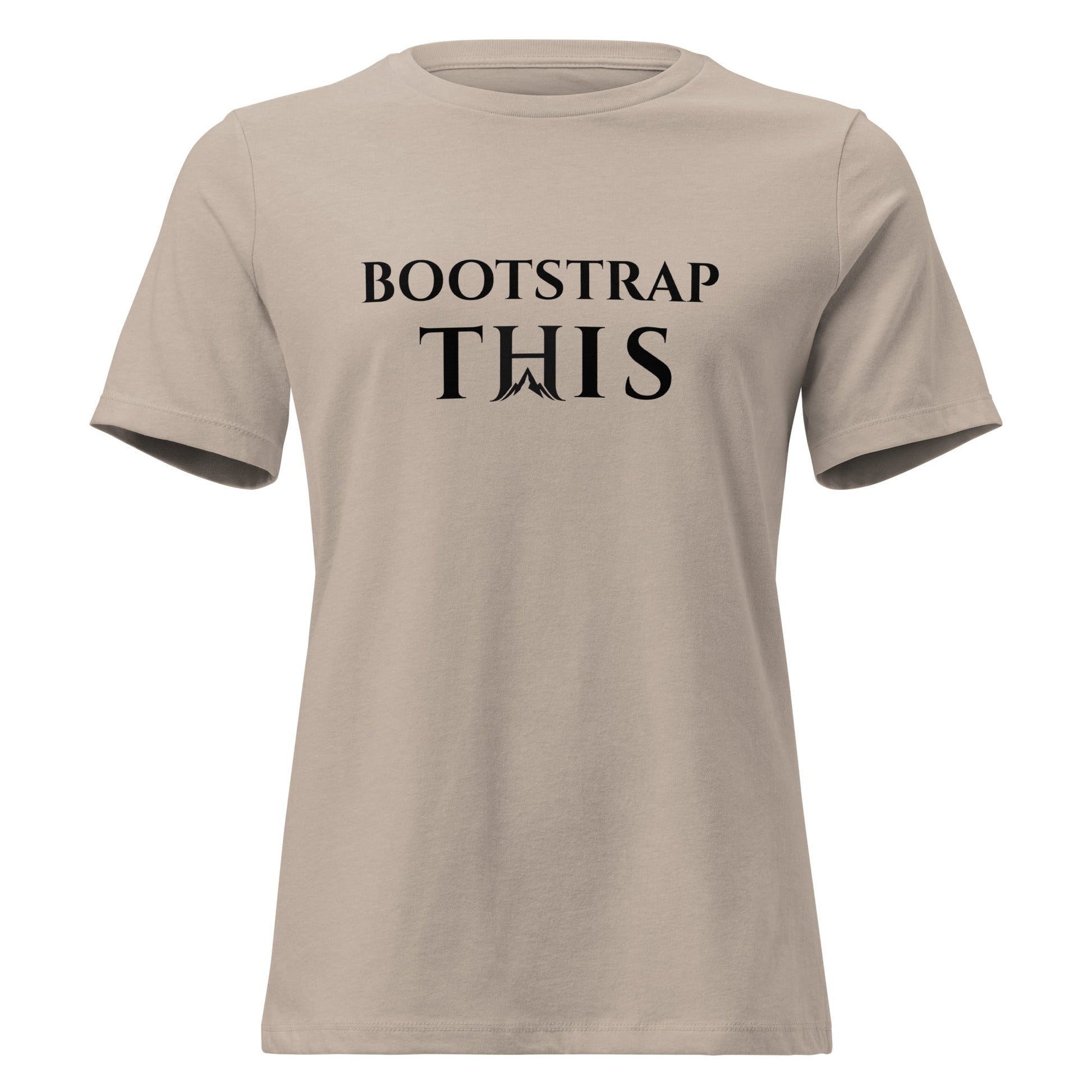 Bootstrap This Women's Relaxed Tee, model wearing the Heather Stone relaxed tee outdoors.