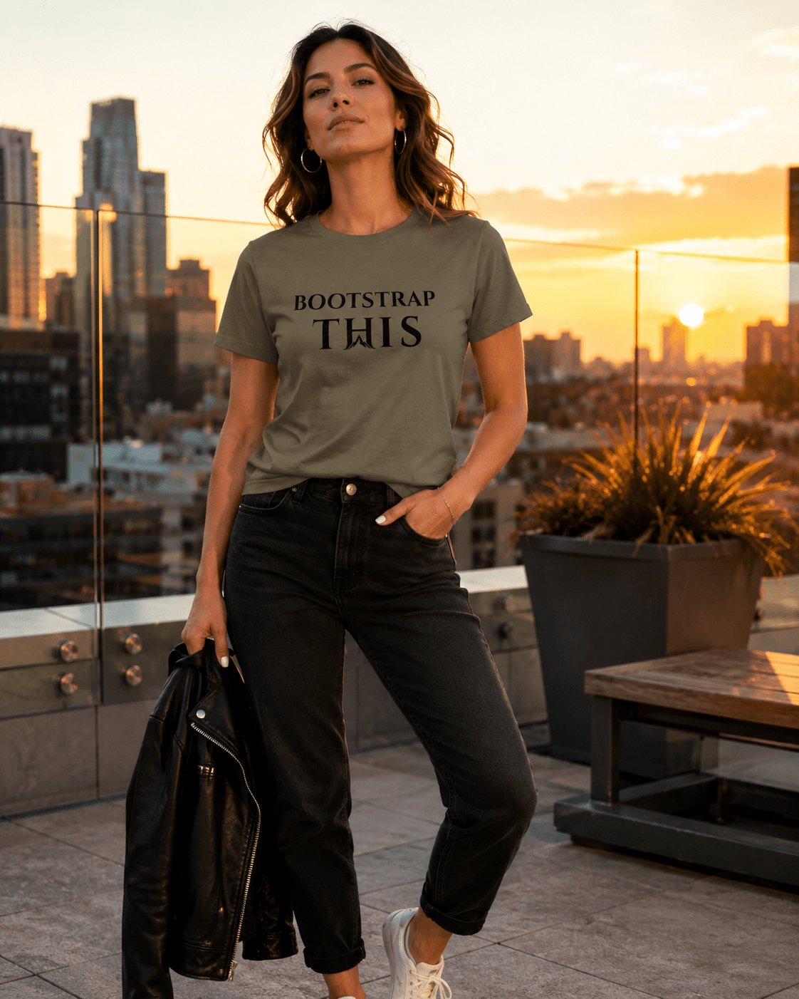 Bootstrap This Women's Relaxed Tee, model wearing the Heather Stone relaxed tee outdoors.