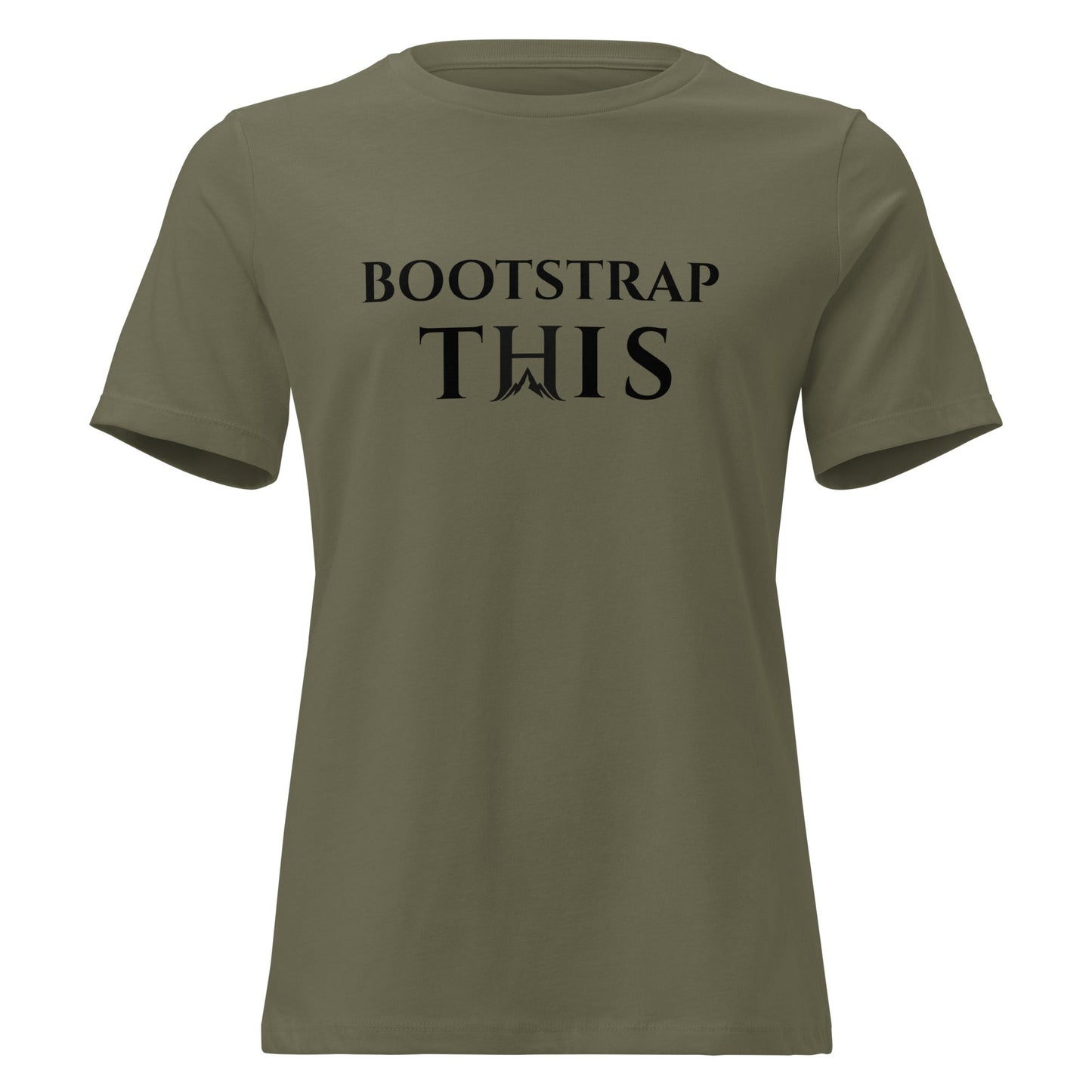Bootstrap This Women's Relaxed Tee, model wearing the Heather Stone relaxed tee near a brick wall.