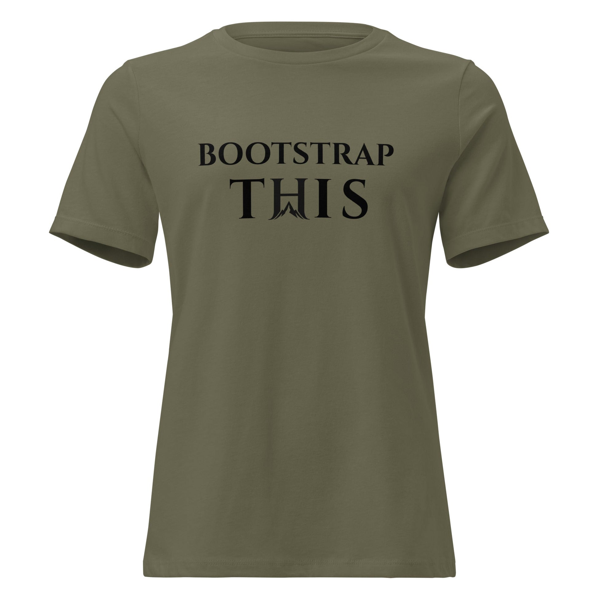 Bootstrap This Women's Relaxed Tee, model wearing the Heather Stone relaxed tee near a brick wall.