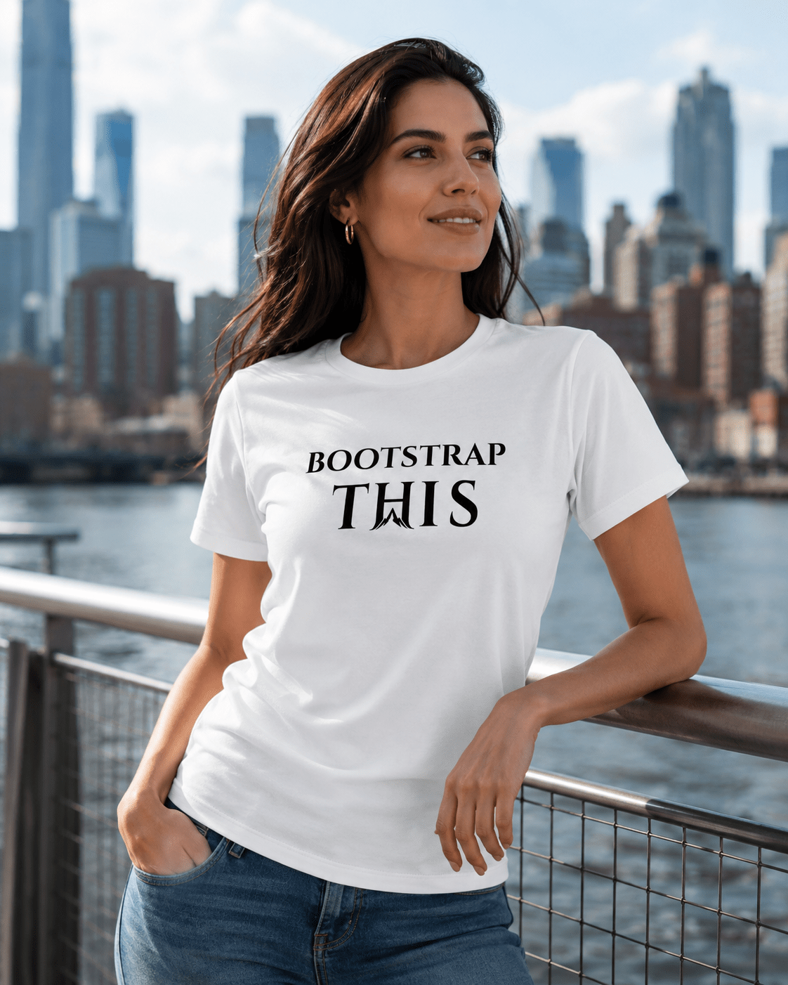Woman wearing the White Bootstrap This Women’s Relaxed Tee with black artwork by a city waterfront
