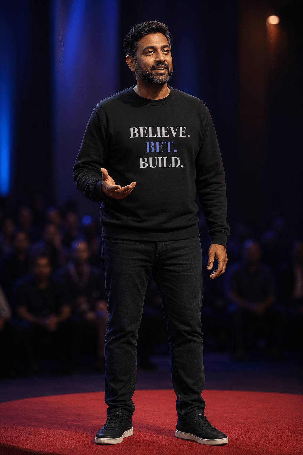 Black Bootstrappin’ BELIEVE. BET. BUILD. crewneck — model on a stage