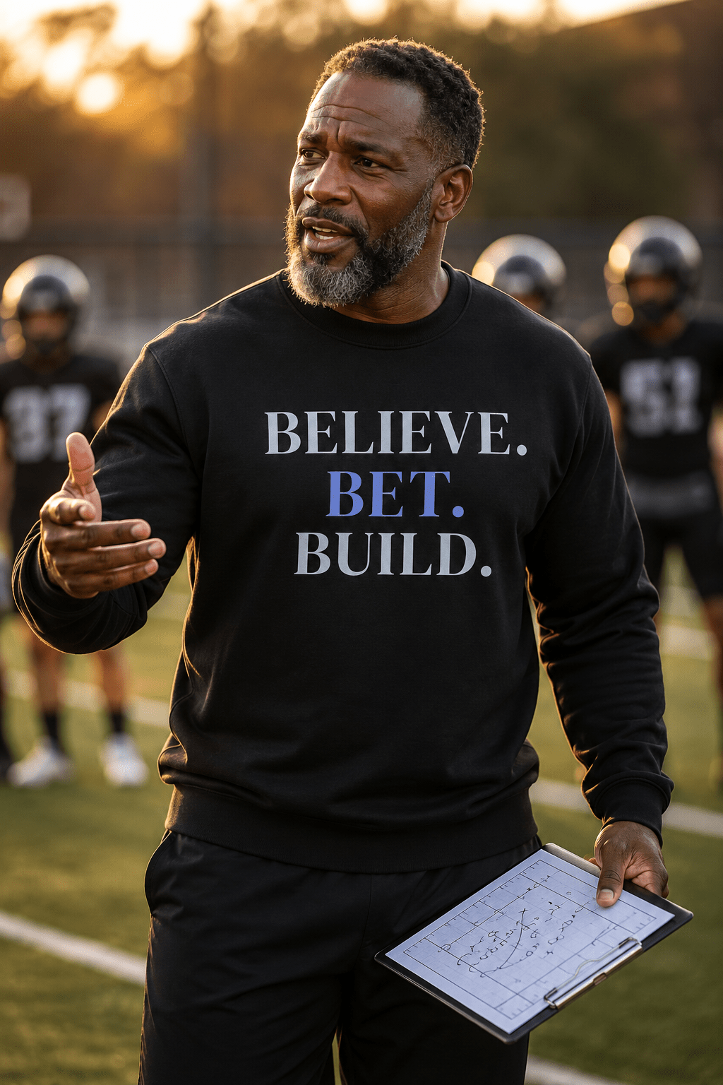 Black Bootstrappin’ BELIEVE. BET. BUILD. crewneck — model on a sports field