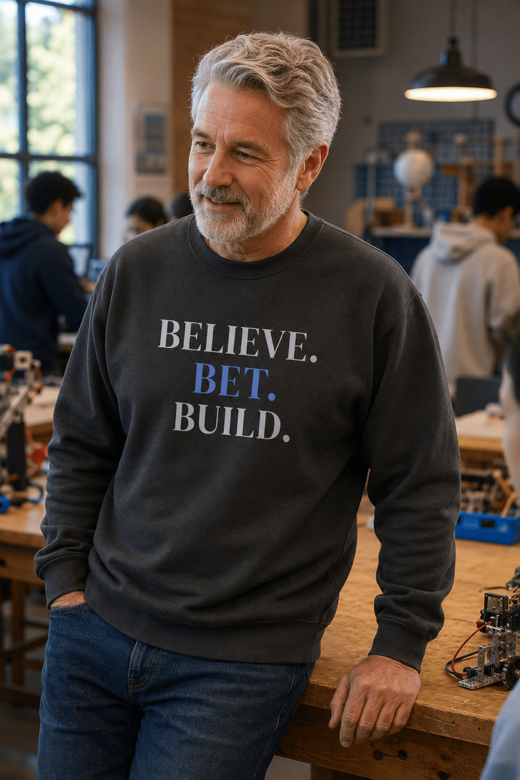 Black Bootstrappin’ BELIEVE. BET. BUILD. crewneck — model in a workshop