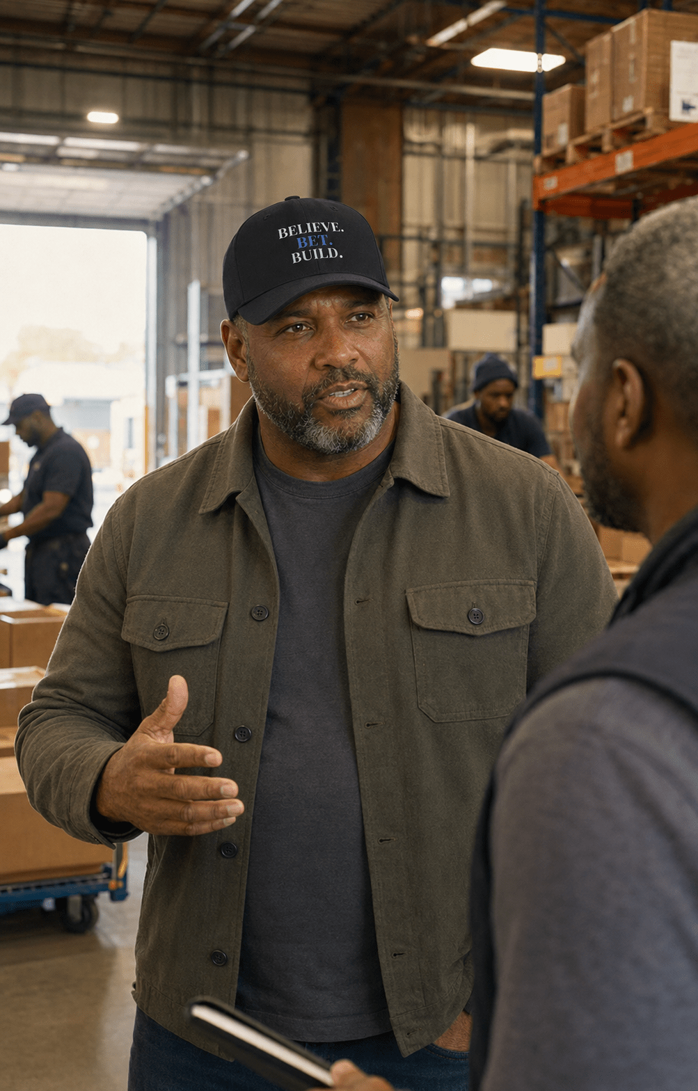 Black Bootstrappin’ BELIEVE. BET. BUILD. Flexfit cap — model in a workshop