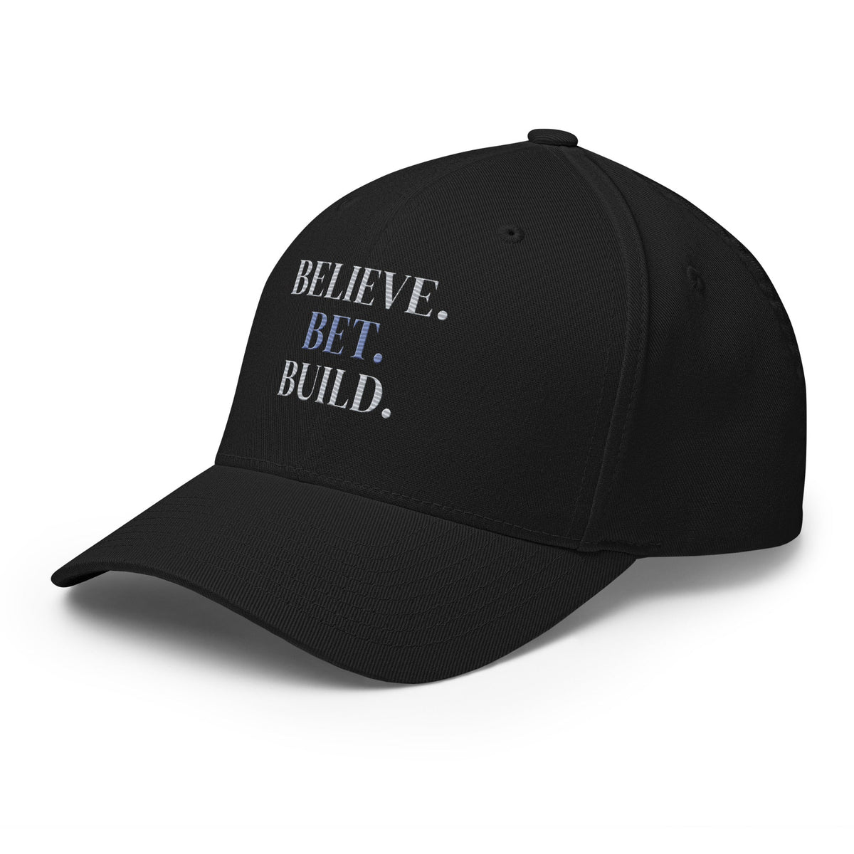 Black Bootstrappin’ BELIEVE. BET. BUILD. Flexfit cap — opposite angled view