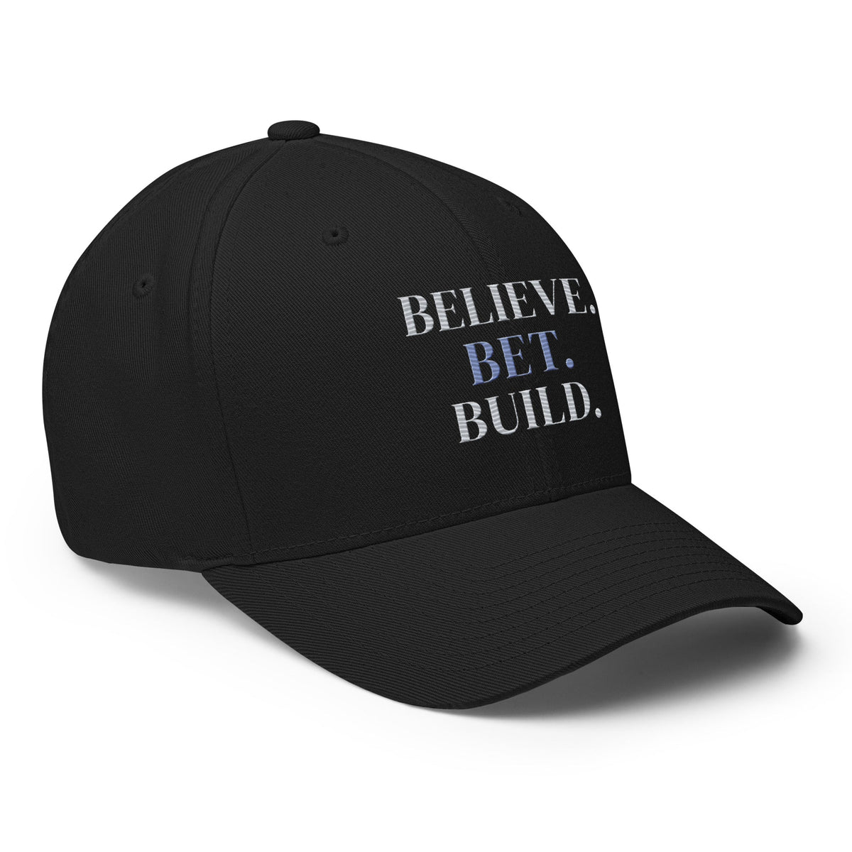 Black Bootstrappin’ BELIEVE. BET. BUILD. Flexfit cap — angled view