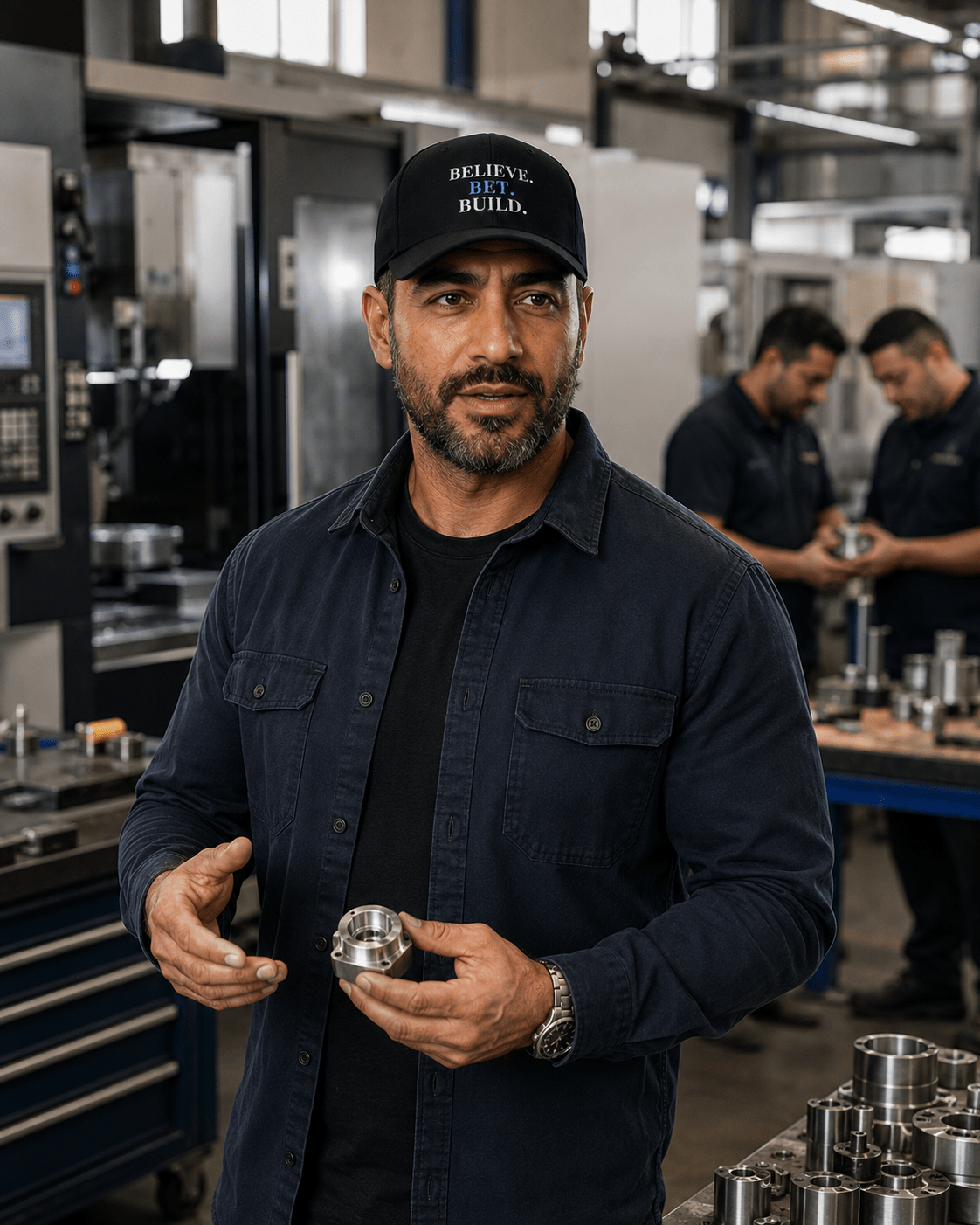 Black Bootstrappin’ BELIEVE. BET. BUILD. Flexfit cap — model in a workshop