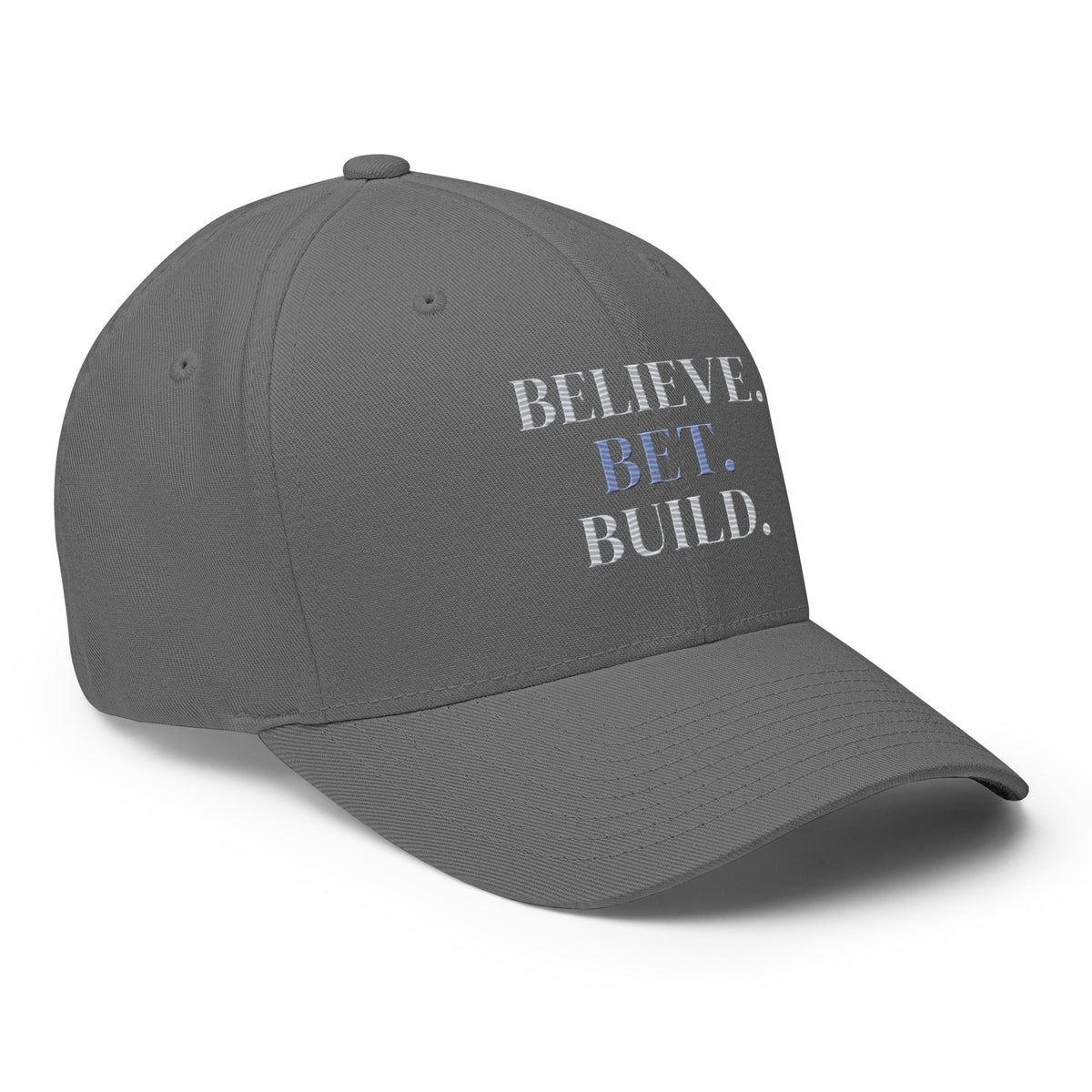 Grey Bootstrappin’ BELIEVE. BET. BUILD. Flexfit cap — angled view