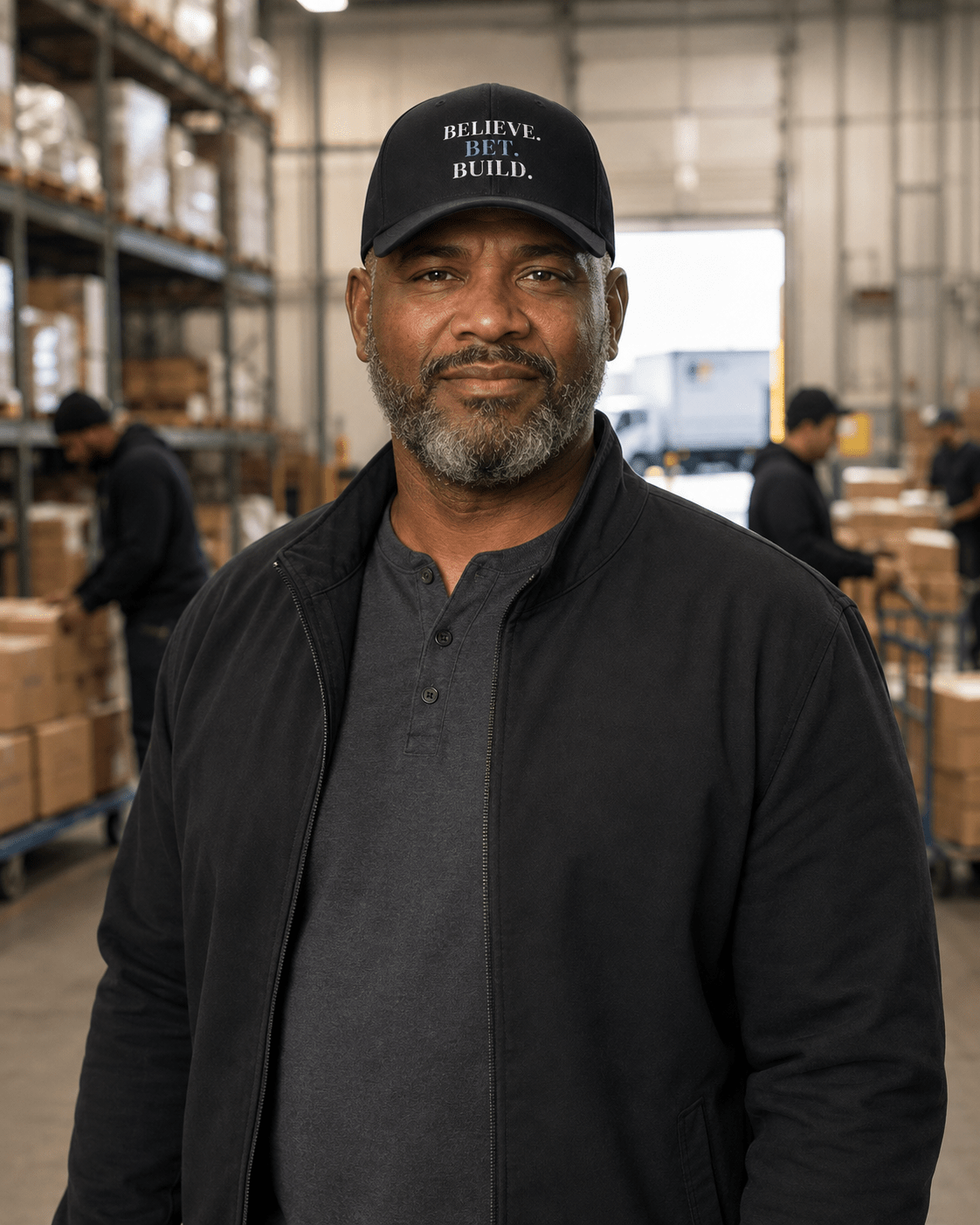 Black Bootstrappin’ BELIEVE. BET. BUILD. Flexfit cap — model in a workshop