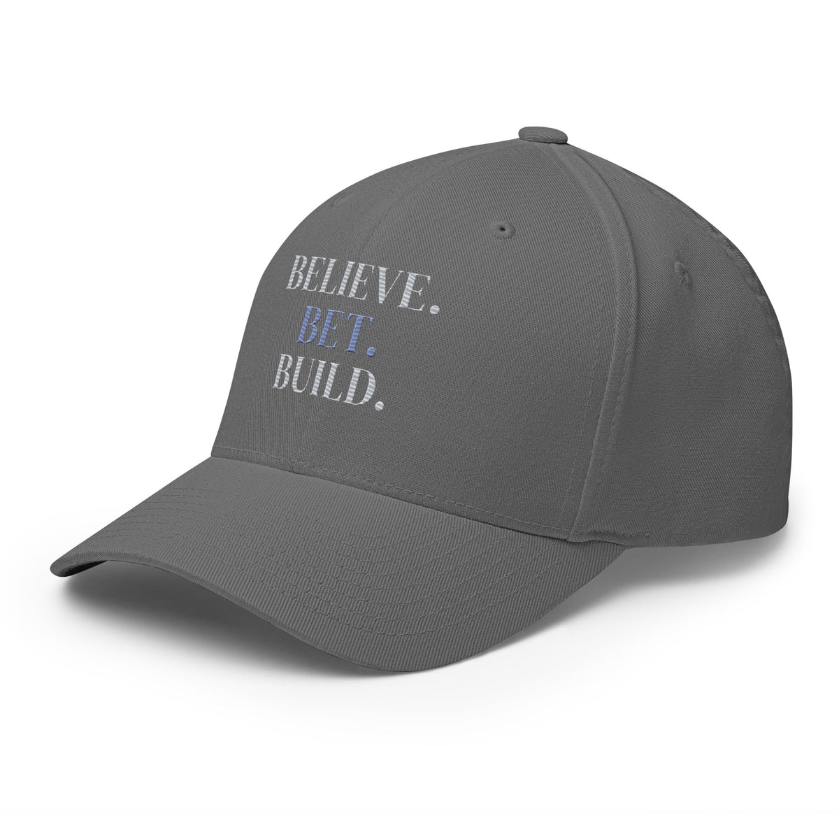 Grey Bootstrappin’ BELIEVE. BET. BUILD. Flexfit cap — opposite angled view