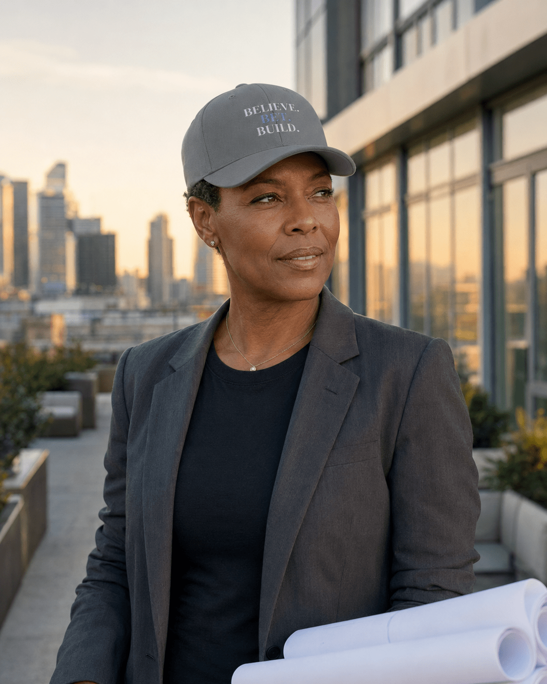 Grey Bootstrappin’ BELIEVE. BET. BUILD. Flexfit cap — model holding plans