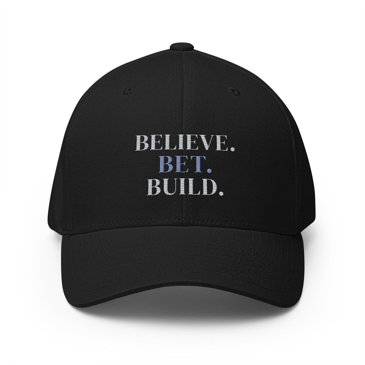 Black Bootstrappin’ BELIEVE. BET. BUILD. Flexfit cap — front