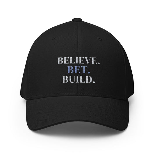 Black Bootstrappin’ BELIEVE. BET. BUILD. Flexfit cap — front