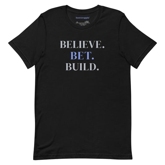 Black Bootstrappin’ BELIEVE. BET. BUILD. women’s founder tee — front mockup