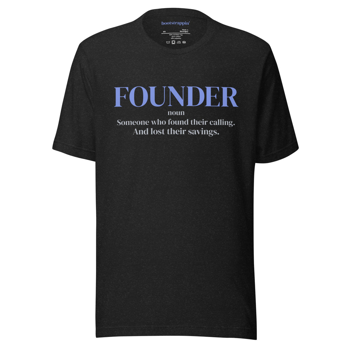 Black Heather Bootstrappin’ Founder Definition unisex tee with periwinkle and silver-gray lettering — front