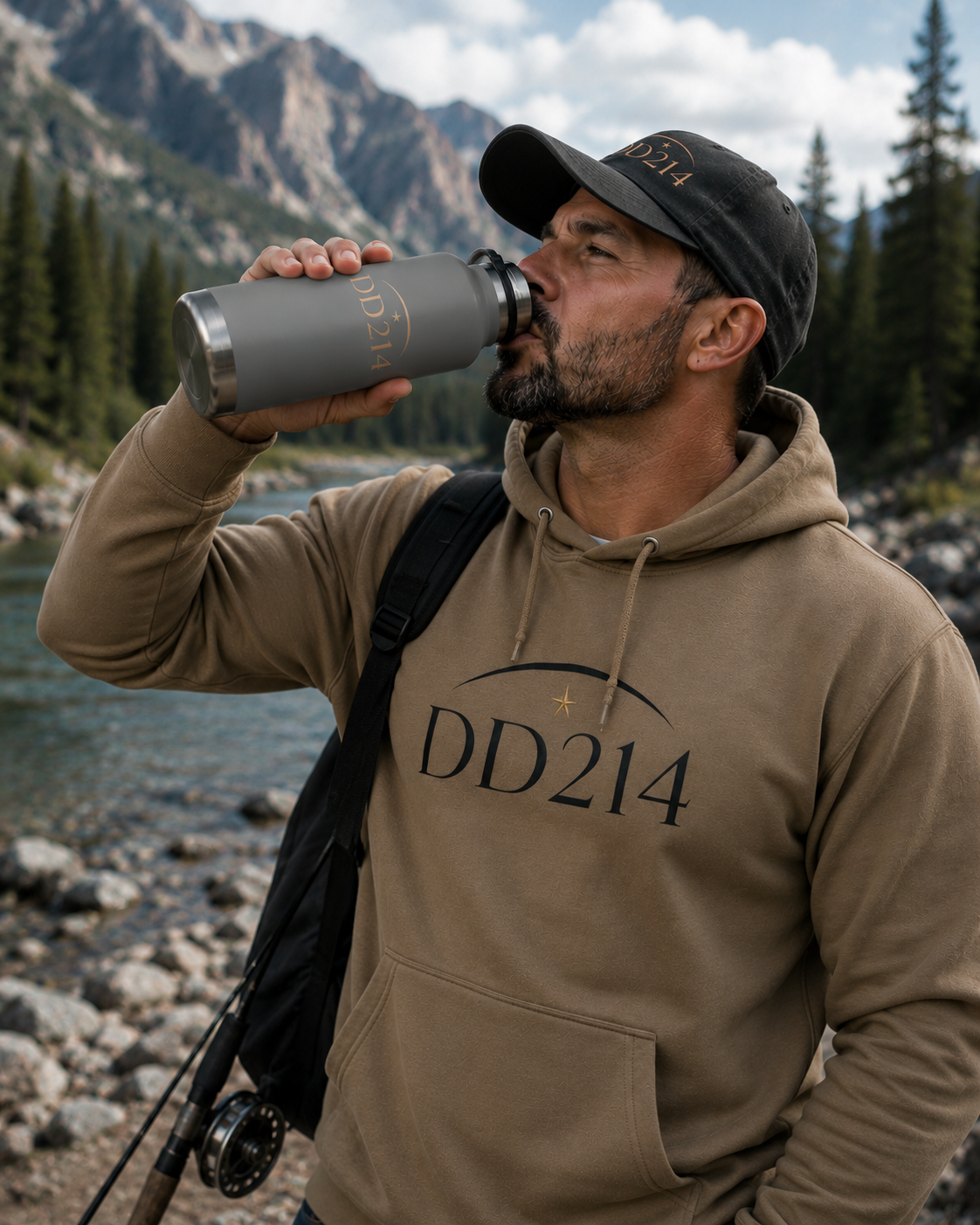 Man drinking from a water bottle in a mountainous area wearing a hoodie with 'DD214' logo.