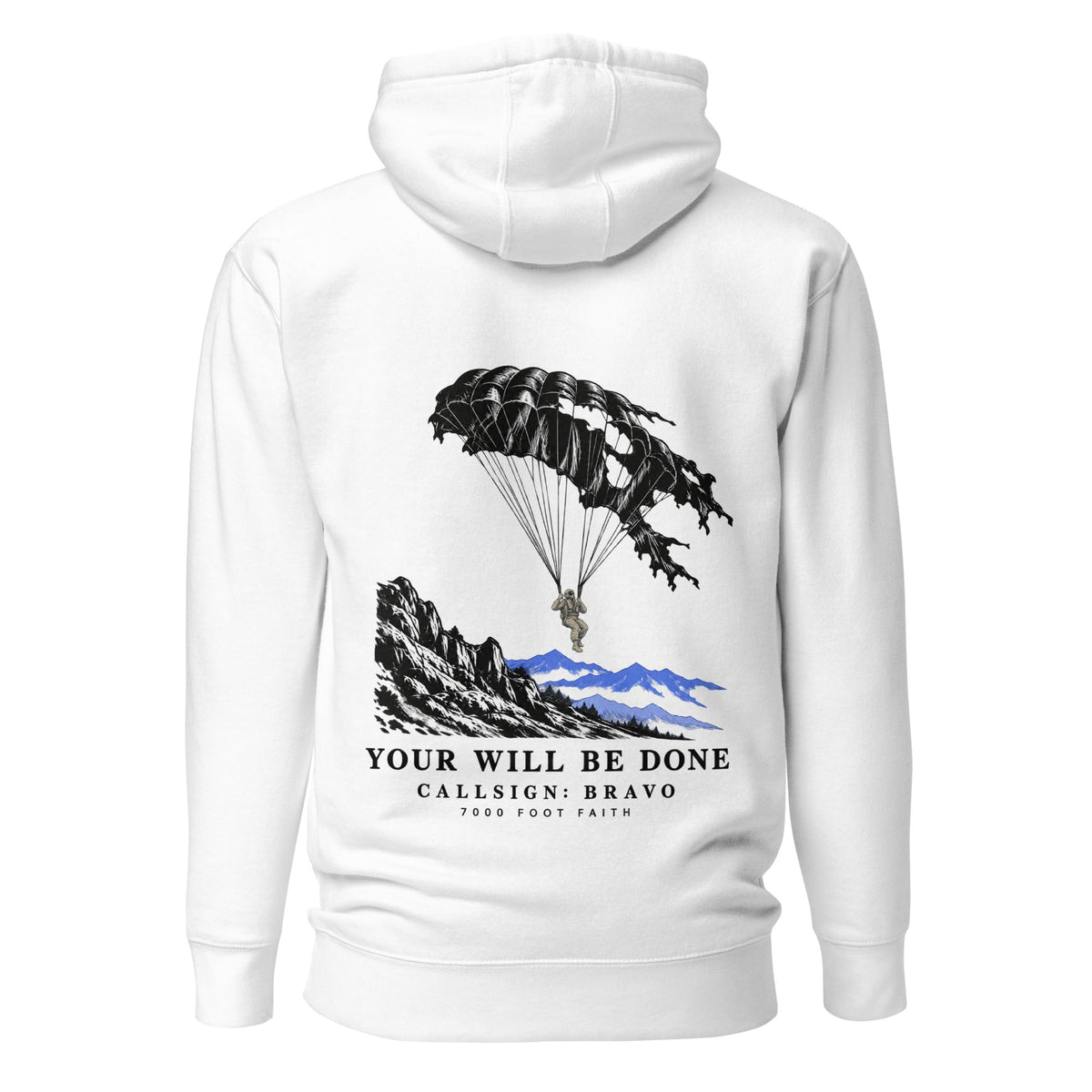 White DESCENT faith hoodie, back view showing parachute and mountain artwork with Your Will Be Done lettering