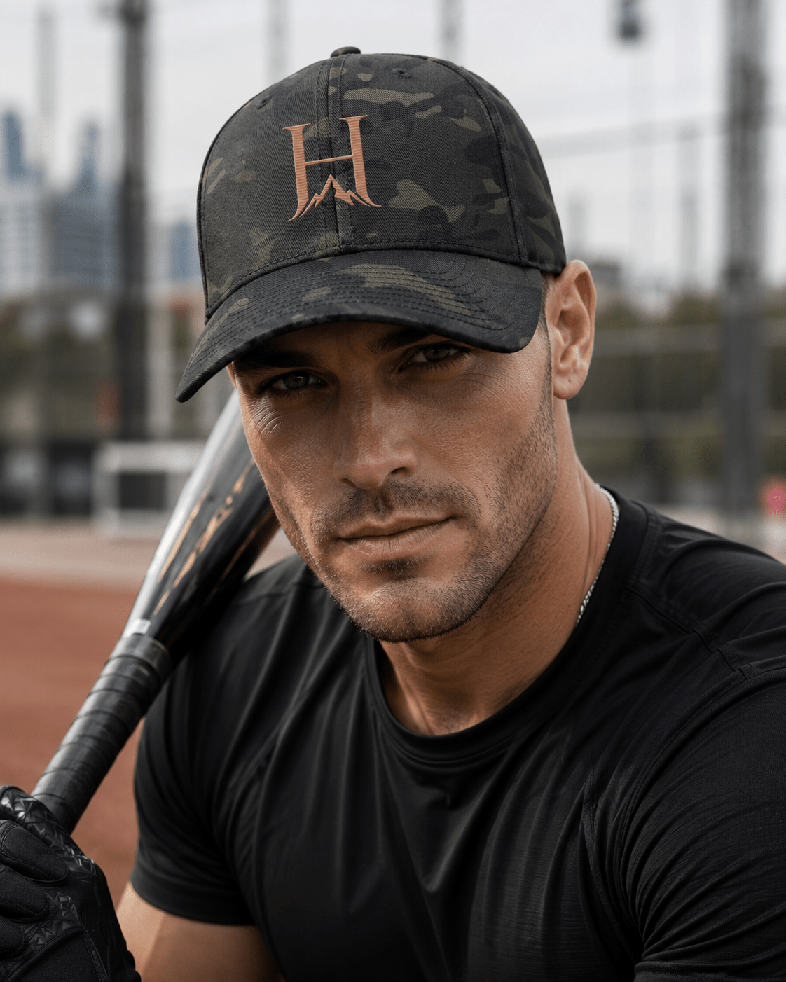Distinction Flexfit Cap, model wearing the Black cap in the city.