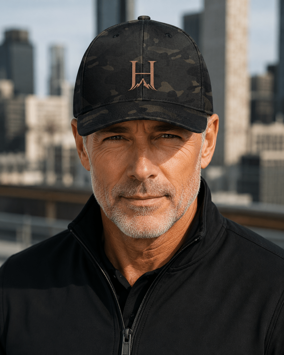Distinction Flexfit Cap, model wearing the Multicam Black cap outdoors.