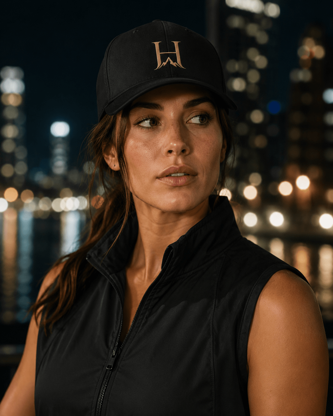 Distinction Flexfit Cap, model wearing the Black cap outdoors.